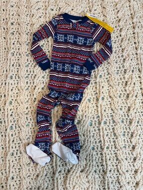 Amazon Essentials Navy and Red Fair Isle Footed One-Piece Pajamas